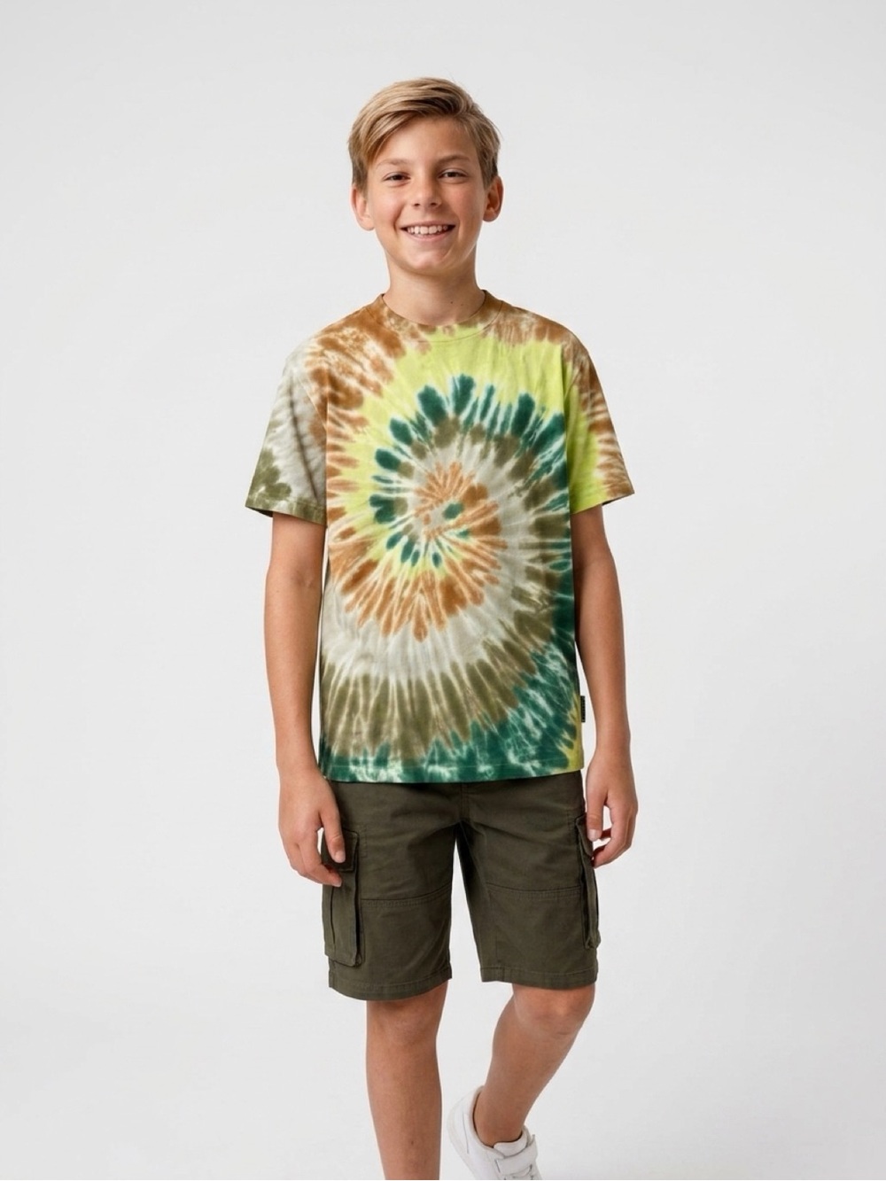 Molo Spiral Tie-Dye Short Sleeve Tee in Green, Brown & Yellow